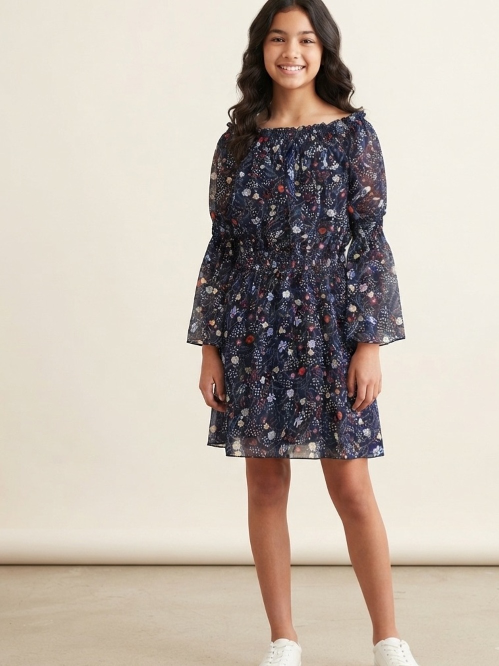 Smukke Girls' Navy Floral Chiffon Off-Shoulder bell sleeve Smocked Waist Dress